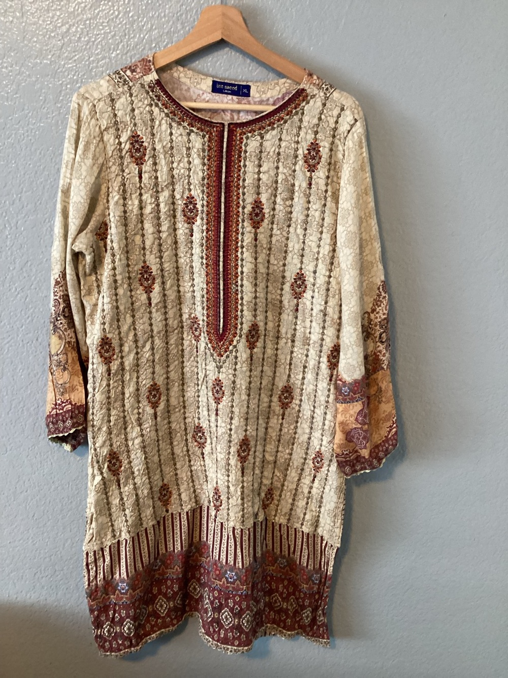 Bin Saeed Midi Dress with Rust and Gold Embroidery